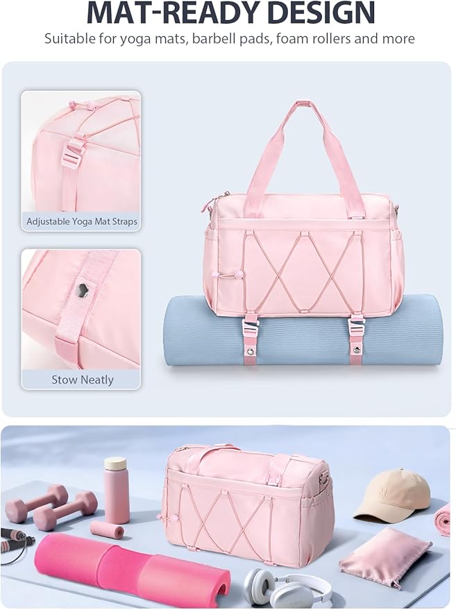 Small Gym Bag for Women with Yoga Mat Holder and Wet Compartment, Mini Gym Duffle Bag Yoga Bag with Water Bottle Pocket for Workout Travel, Pink