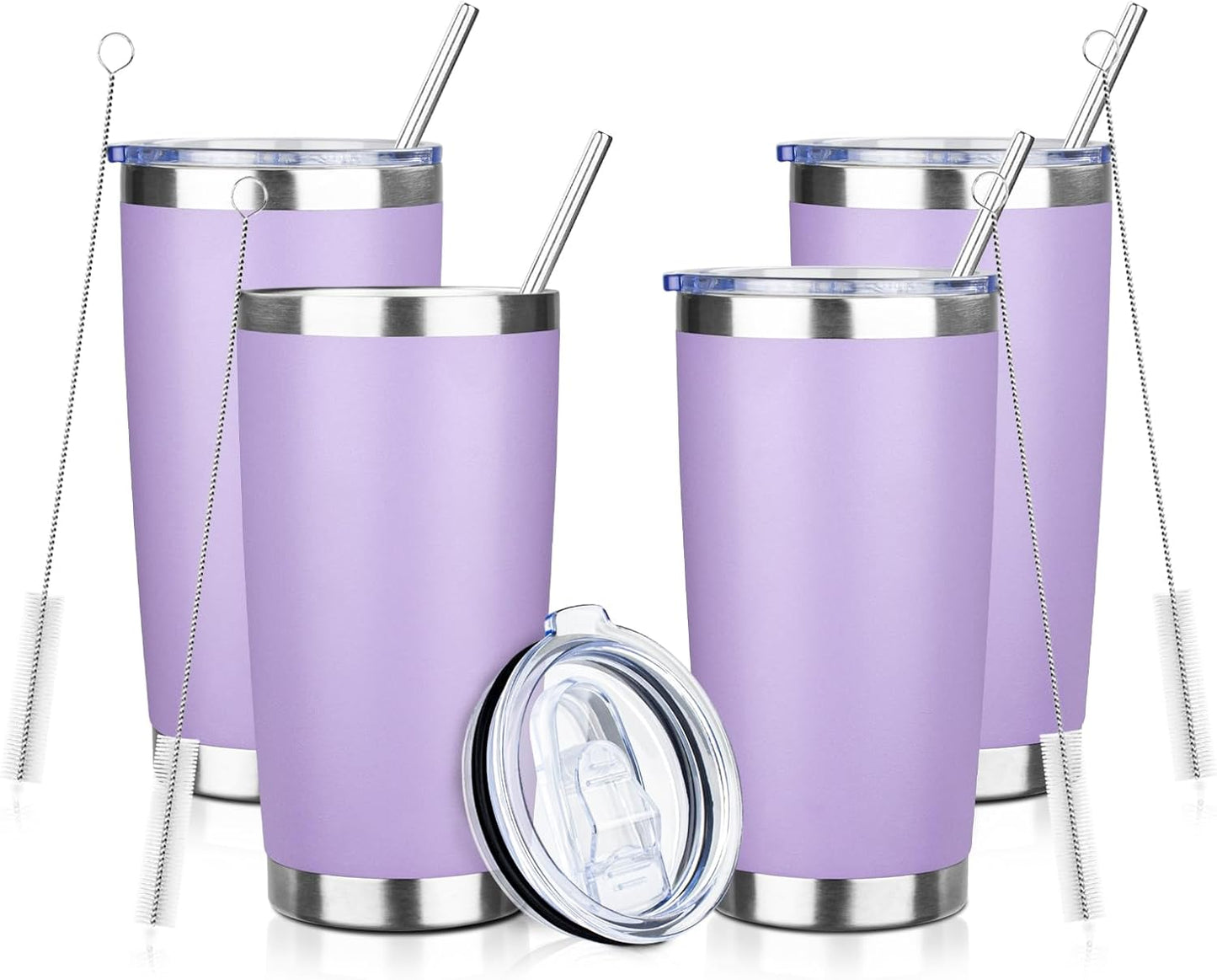 20oz Tumbler with Straw and Brush, Stainless Steel Vacuum Insulated tumbler, Double Wall Insulated Coffee Tumbler for Outdoor, Home, Travel,Office (lilac，4pcs)