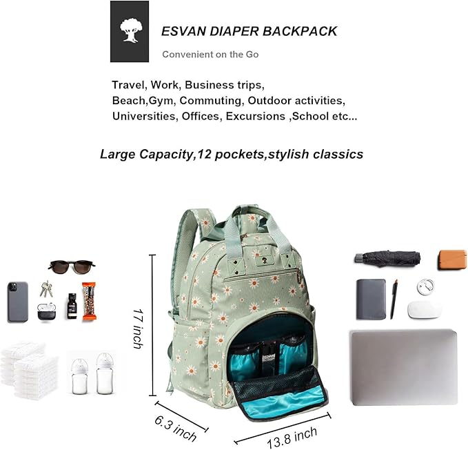 Diaper Bag Backpack, Large Capacity Multifunction Baby Essentials Fashion Travel Pack Linen Canvas office Laptop Bag (Corduroy Matcha Daisy)
