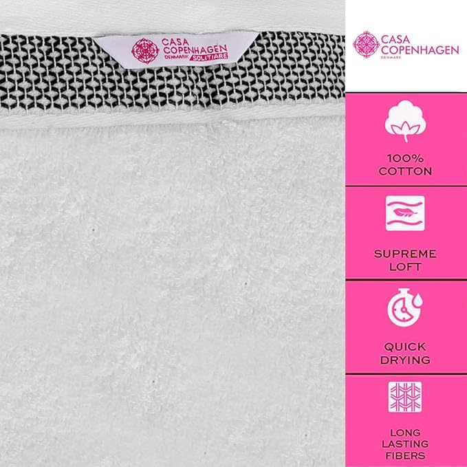 CASA COPENHAGEN Solitaire 6Pcs 100% Egyptian Cotton Large Designer Towels Gift Set- Bright White, 600GSM, 2Bath 2Hand 2Washcloths, Bath Towels for Bathroom Set for Women & Men