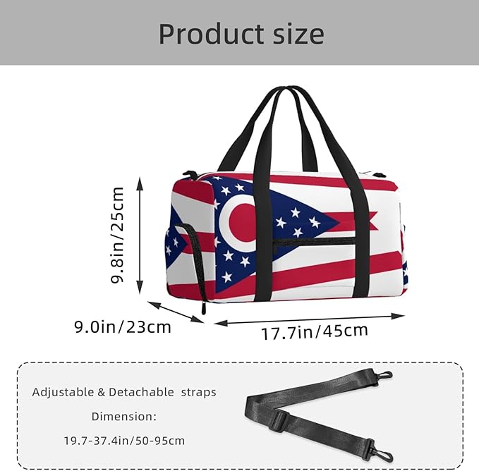 Ohio State Flag Print Gym Bag with Shoe Compartment for Women Men, 17.7in Sports Duffle Weekender Tote, Overnight Travel Duffel Bag Carry On