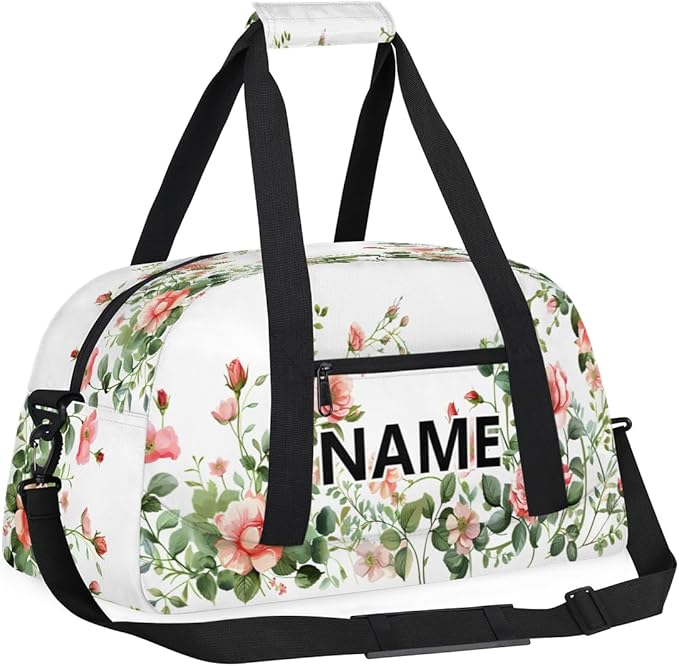 Leaves Floral Rose Mini Gym Bag 18 inch for Women Men Waterproof Custom Pink Flowers Travel Duffel Bag Carry On Overnight Tote Nurse Bag for Work Fitness Hiking