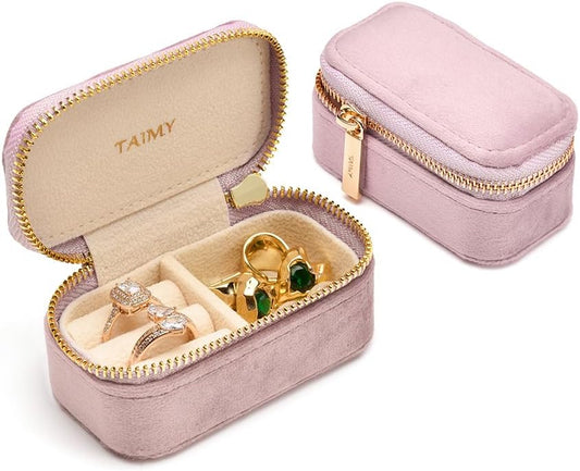 Small Travel Jewelry Case, Mini Tiny Plush Velvet Jewelry Box for Women and Girls, Pocket Size Jewelry holder organizer for Rings Earrings and Small Items(Pink)