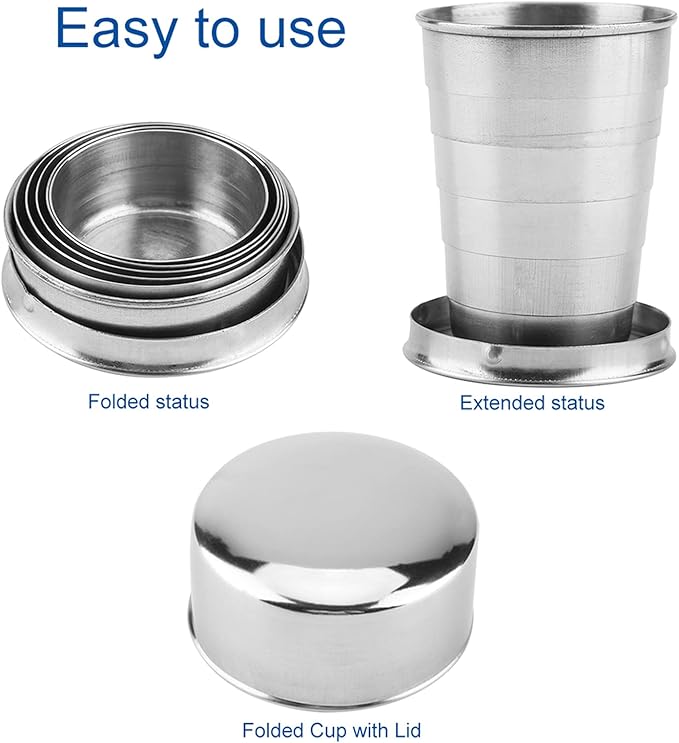 Stainless Steel Collapsible Cup, Camping Folding Cup Retractable Travel Mug with Lid Keychain Portable Drinking Outdoor Demountable Stackable Expandable Protective Cap for Hiking Picnic Coffee(S)
