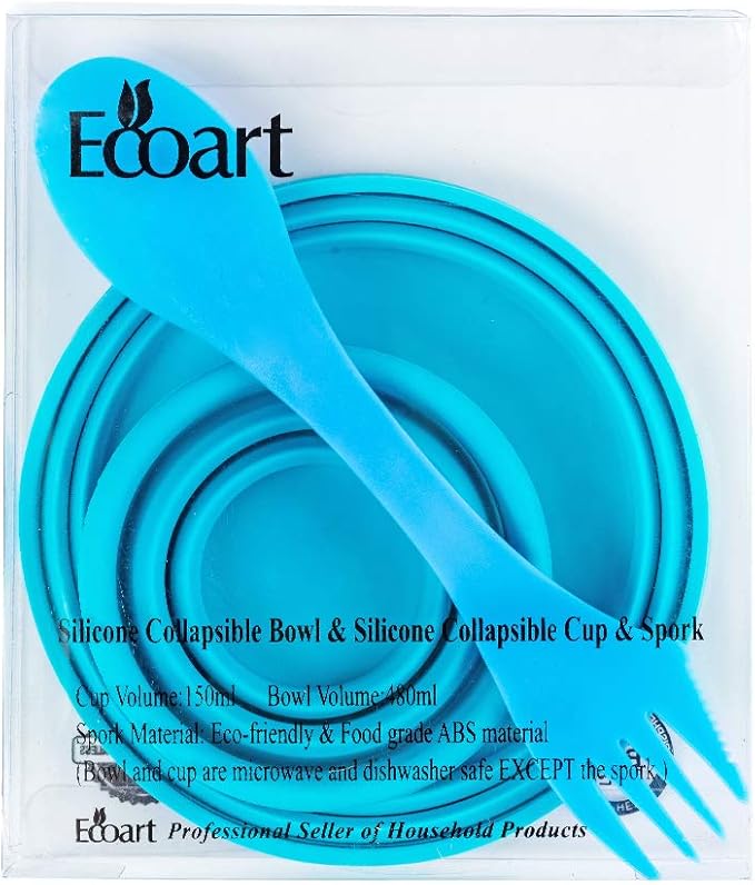 Ecoart Silicone Collapsible Bowl Cup Set with Spork for Outdoor Camping Hiking Travel - Set of 3