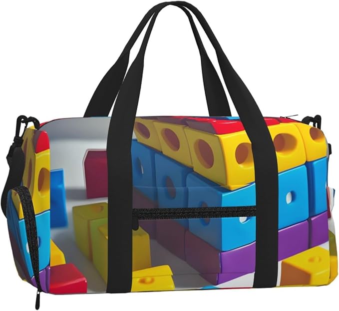 Colorful Building Blocks Print Gym Bag with Shoe Compartment for Women Men, 17.7in Sports Duffle Weekender Tote, Overnight Travel Duffel Bag Carry On