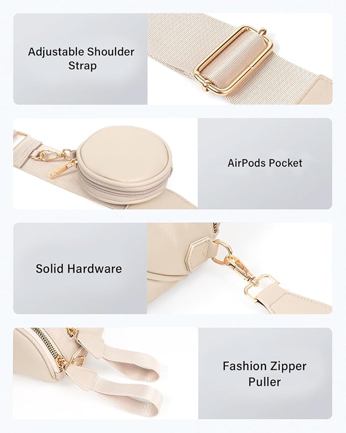 Valentoria Fashionable Womens Leather Waist Bag Crossbody Bag Detachable Wallet Adjustable Shoulder Strap (Beige)