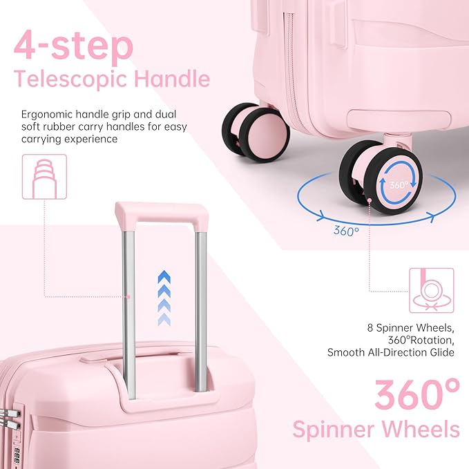 Carry On Luggage 22x14x9 Airline Approved, 22 Inch PP Hardshell Luggage Carry-on Suitcase with Spinner Wheels, Carry On Suitcase Set for Women (Pink)