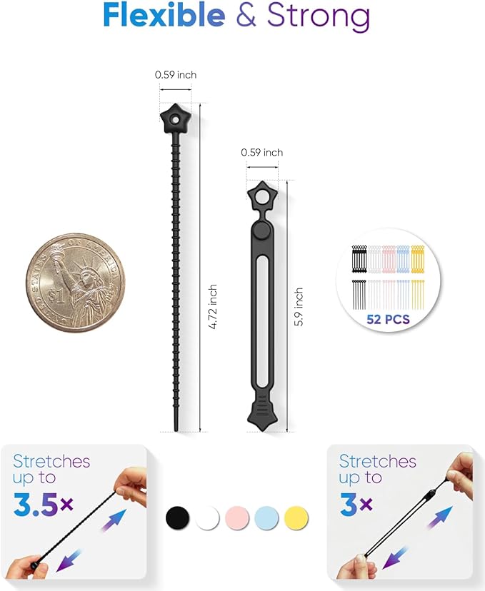 52-Pack Silicone Cable Ties, Reusable Cord Organizer Straps With 2 Binding Methos, Durable & Stretchable Wire Management for Home, Office, Travel (Multicolor)