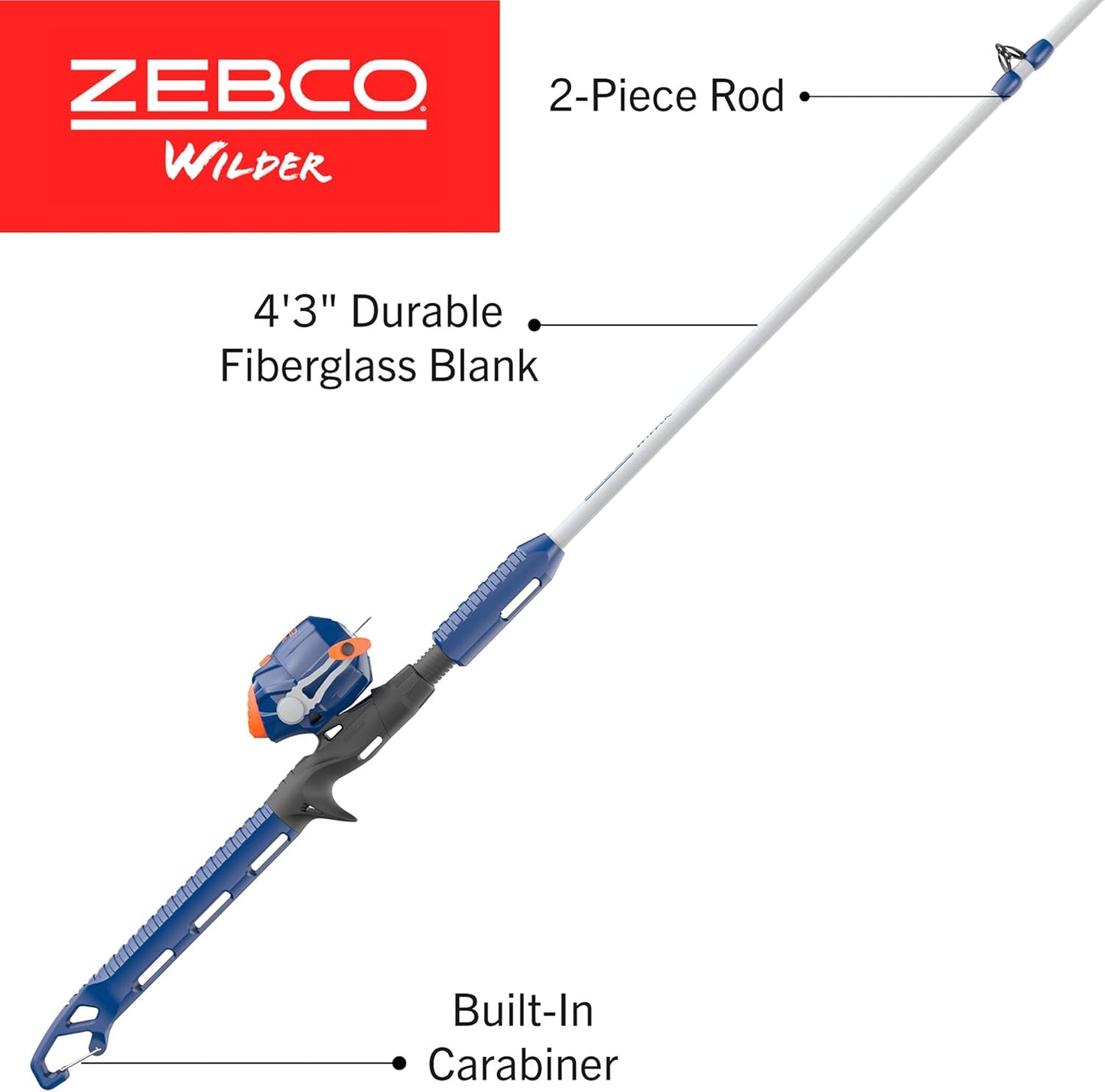Zebco Wilder Fishing Reel and Rod Combo, 4'3" Durable Fiberglass Rod with Built-In Carabiner, Patented No-Tangle Reel, Pre-Spooled with 6-Pound Zebco Cajun Fishing Line, Blue/Orange