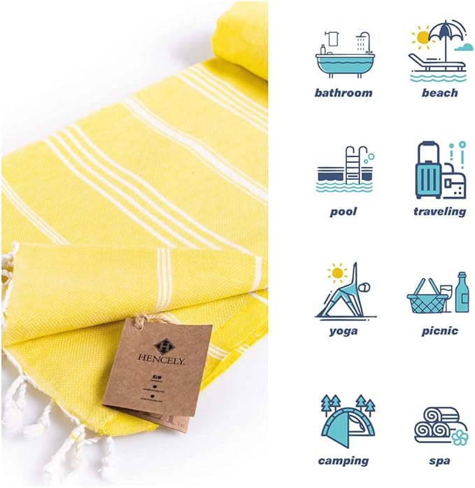 Hencely Turkish Beach Towel 37x68 Oversized, Sand-Free, Quick-Dry, Lightweight - Travel Essential for Pool & Bath - Striped 100% Cotton Bathroom Towels Accessories Gift (Yellow)