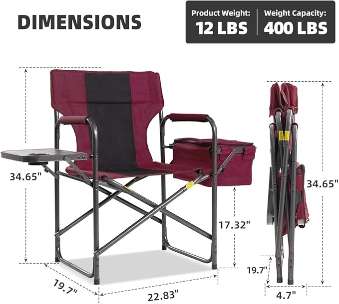 Director Camping Chair with Cooler Bag & Foldable Side Tray - 400lbs Heavy Duty Outdoor Folding Lawn Chair, Portable Camp Chair for Backyard, Fishing, Beach (Red)