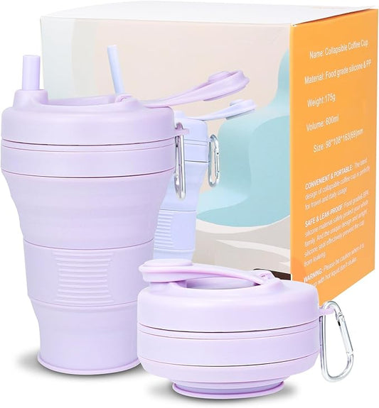 Collapsible Travel Cup - Lilac,20oz/600ml，Leak-Proof Reusable To-Go Pocket Size Silicone Bottle for Hot & Cold Drinks - Camping & Hiking - Dishwasher Safe- Straw included