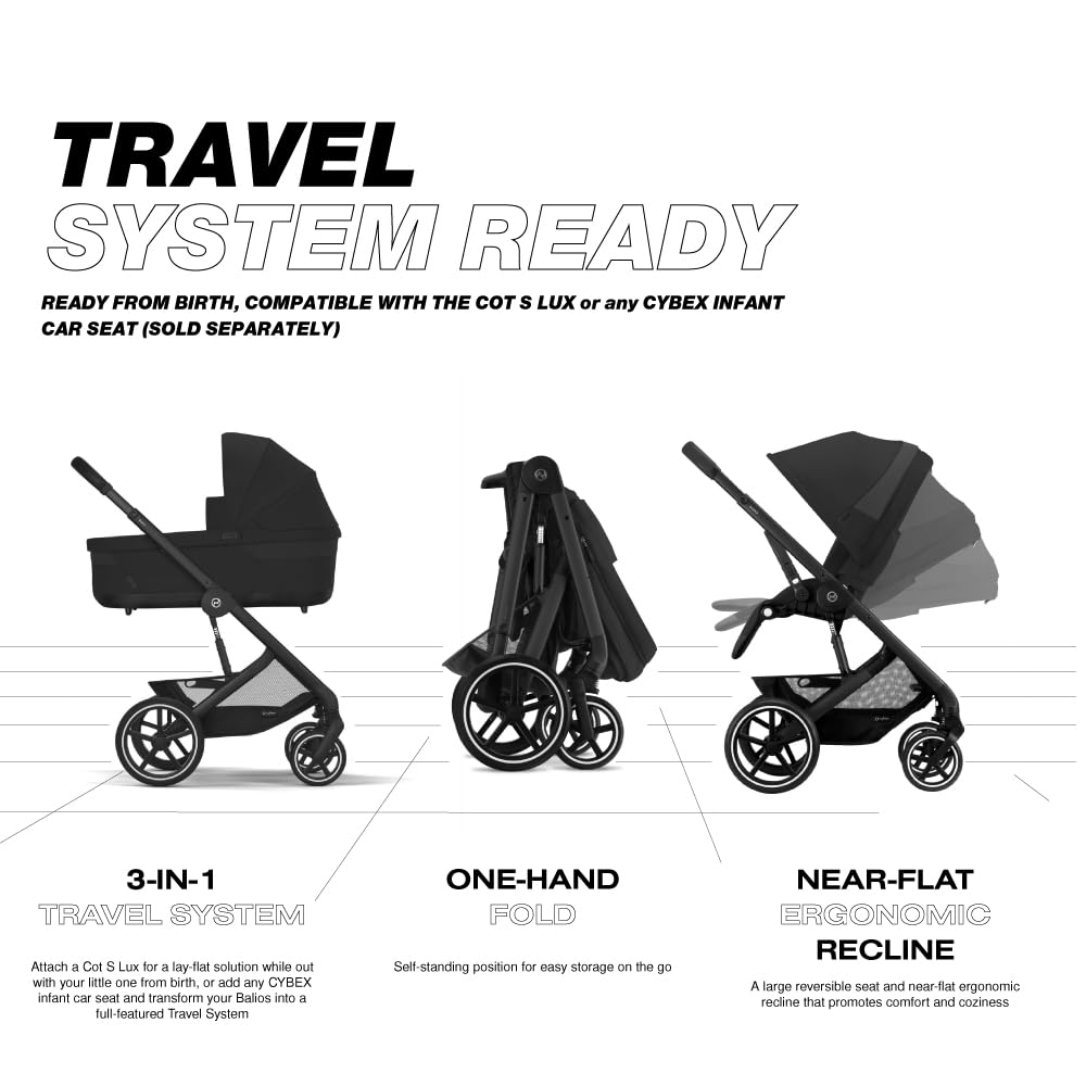 Cybex Balios S Lux Toddler and Baby Stroller with Reversible Seat, Unique One-Pull Harness, and Multiple Recline - Travel System Ready, with One Hand Fold, Black Frame/Moon Black Seat
