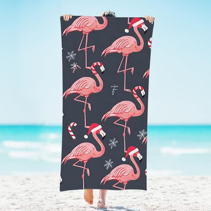 Christmas Hat Flamingo Candy Beach Towel, Large Microfiber Quick Dry Lightweight Pool Bath Towels Sand Free Beach Blanket for Summer Cruise Yoga Camping Travel Vacation Essentials 31 x 61 in