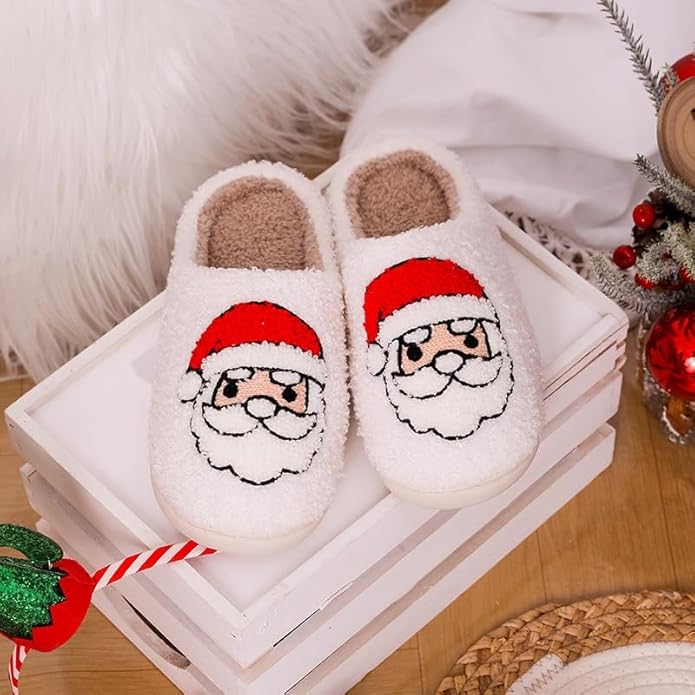 Unisex Xmas Elk Shoes Santa Reindeer Cute Strawberry Cartoon Christmas Tree Pink Bow Memory Foam Soft Plush House Slippers Indoor/Outdoor