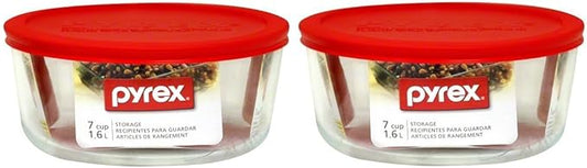 Pyrex 7203 7-Cup Glass Bowl and 7402-PC Red Lid (2-Pack) - Made in USA