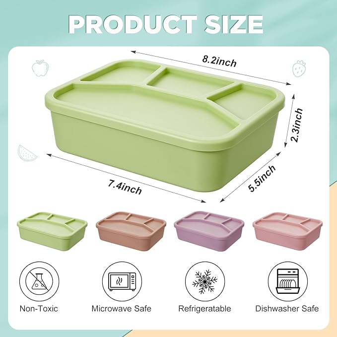 4 Pcs Silicone Bento Box Reusable Lunch Container Smooth Leak Proof Lunch Box Rectangle Bento Boxes for Adult Work Travel Food Meal Compartment Storage, 4 Colors(Pastel Color)