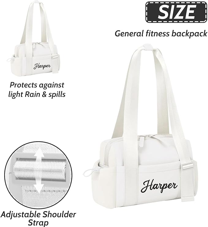 Personalized Mini Gym Bag for Women, Custom Embroidered Name Yoga Tote, Waterproof PU Fitness Duffle with Wet Compartment (white duffle bag)