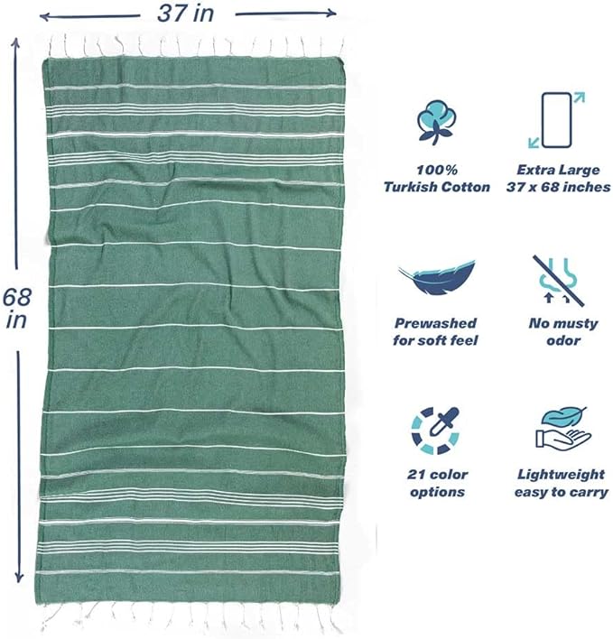 Hencely Turkish Beach Towel 37x68 Oversized, Sand-Free, Quick-Dry, Lightweight - Travel Essential for Pool & Bath - Striped 100% Cotton Bathroom Towels Accessories Gift (Petrol Green)
