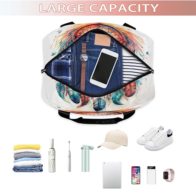 Colorful Dream Catcher Pattern Sports Tote Gym Bag for Women Men, Travel Duffel Bag with Shoe Compartment Large Capacity Workout Overnight Bag for Fitness Yoga Swimming Weekend