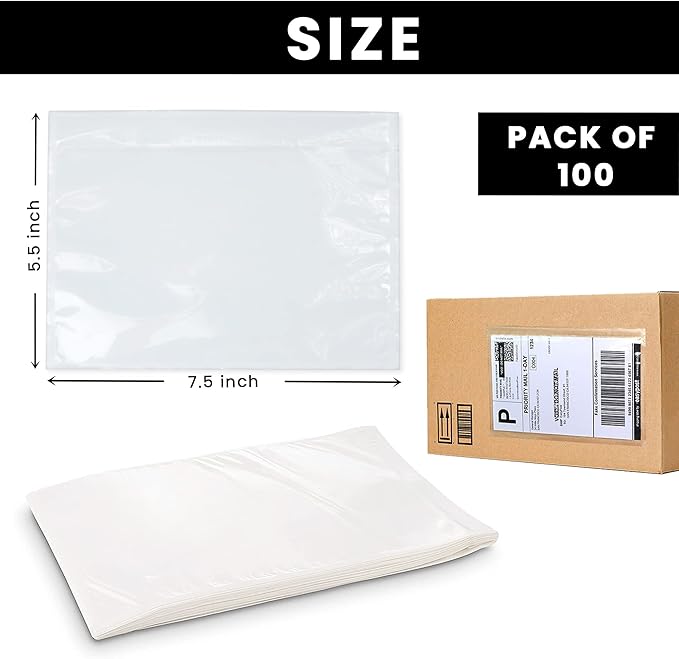 Shipping Label Sleeves 100Pcs, 7.5x5.5 Inches - Packing Slip Envelope Pouches with Self-Adhesive Peel & Seal - Clear Plastic & Waterproof Envelopes Ideal for Invoices & Packaging.