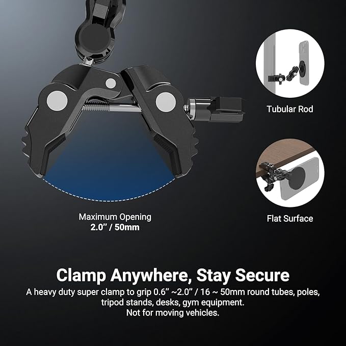 NEEWER Magnetic Phone Mount with Super Clamp, Adjustable Metal Holder with 1/4" Screw & Ball Heads Magic Arm Compatible with MagSafe iPhone for Pole, Tripod, Mic Stand, Desk, Gym Equipment, PA150