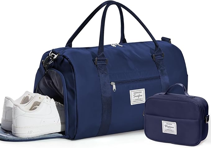 Gym Bag Womens Mens with Shoes Compartment and Wet Pocket Travel Duffel Bag for Women for Plane Sport Gym Tote Bags with Toiletry Bag Waterproof Weekend Overnight Carry on Bag Hospital Holdalls