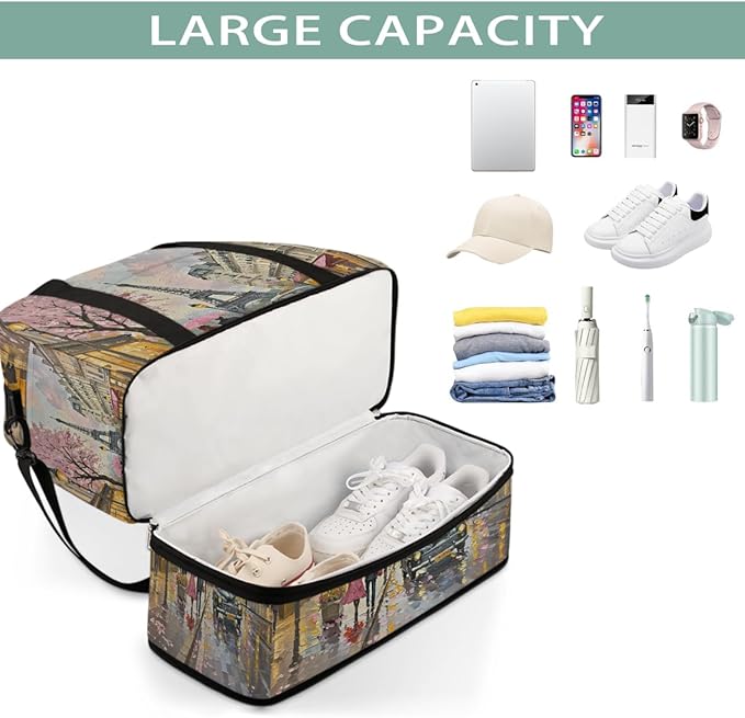 Foldable Travel Duffel Bag for Women - Carry on Personal Item Bag with Shoes Compartment, Weekender Overnight Duffle Bags Sport Tote Gym Luggage for Airplanes Traveling(Eiffel Tower)