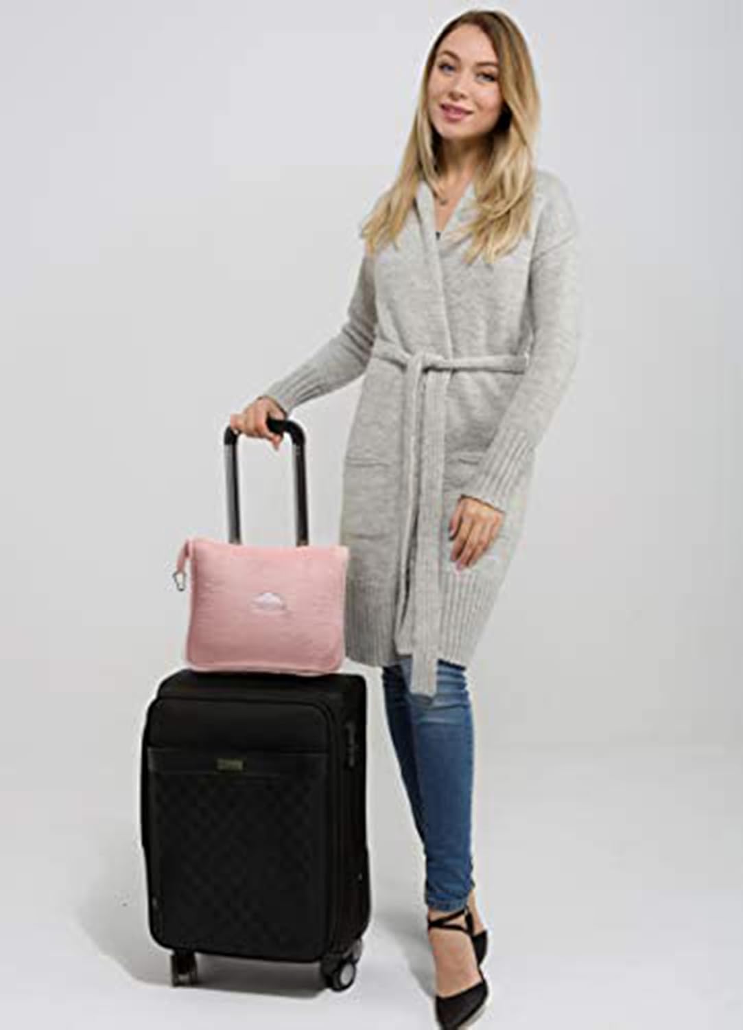 BlueHills Premium Soft Long Travel Blanket Pillow for Tall Airplane Flight Blanket 70 X48 inch Throw in Soft Bag case with Backpack Clip Compact Large Plane 2 in 1 Combo Pink T055