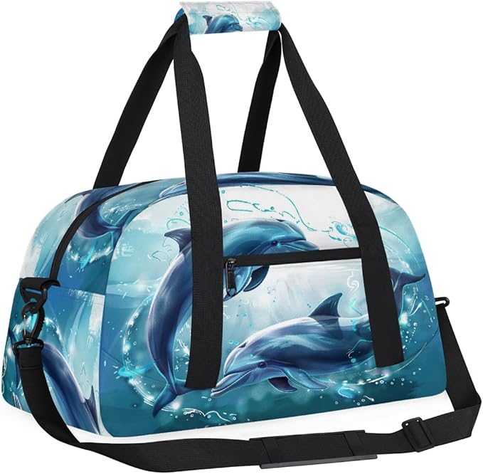 Dolphin Watercolor Print Sports Duffel Bags, Water-Resistant Gym Duffle Bag for Men Women, Lightweight Weekender Overnight Bag for Fitness, Workout, Travel