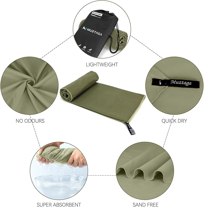 Microfiber Towel for Travel, Camping, Hiking, Backpacking, Shower – Quick Dry, Ultra Compact, Lightweight & Super Absorbent(Army Green,51x27 in)