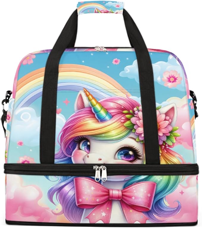 Rainbow Cute Animal Unicorn Large Weekender Bag with Shoe Compartment Travel Duffel Bags for Women Carry On Hospital Overnight Bag Foldable Personal Item Travel Bags Tote Gym Sports Airplanes