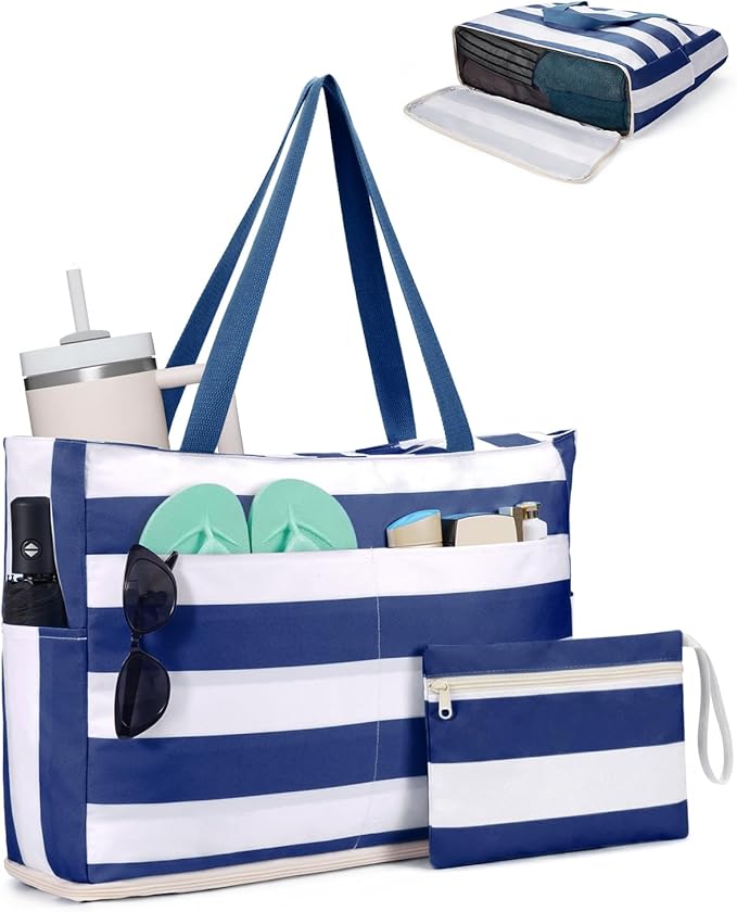 WANDF Beach Bags for Women, Large Waterproof Sandproof Beach Tote Bag with Zipper Family Pool Bags with 40oz Tumbler Pocket, Swim Cruise Vacation Essentials (Navy Blue) | 40oz Tumbler Pocket