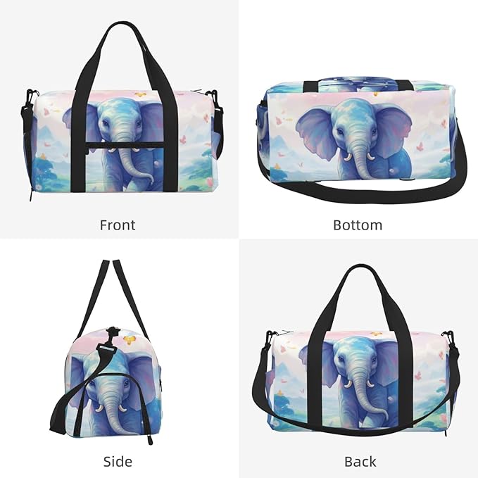 Sports Gym Bag Pink Cloud Cute Elephant Flowers Travel Duffel Bag With Shoe Compartment Shoulder Strap, Lightweight Water-Resistant Weekend Overnight Totes For Women Men