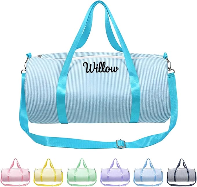 Personalized Seersucker Duffle Bag for Girls, Custom Dance Bag with Embroidered Name,Overnight Bag Ballet Gym Weekender Travel Bag