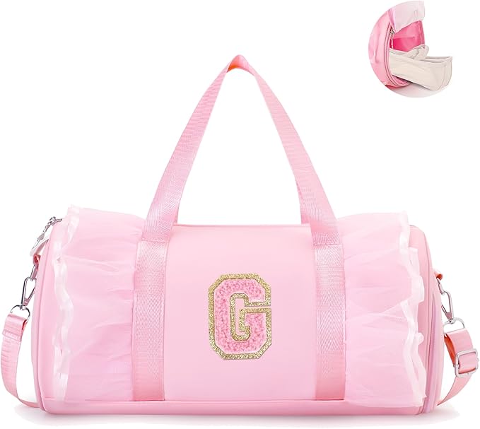 Personalized Dance Bag for Girl | Small Initial Gym Sport Yoga Cheer Duffle Bags Gift for Teen Girls | Chenille Letter Kids Ballet Bag Preppy Stuff Toddler Girl Birthday Gift (Pink G, SMALL)