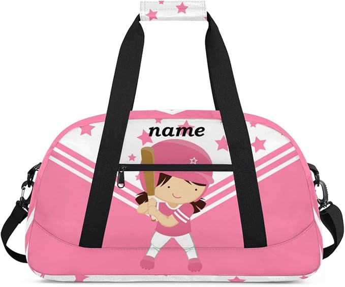 Custom Name Pink Baseball Girls Gym Travel Duffle Bag with Front Zipper Pocket Personalizedfor Sports Bag for Overnight, Weekender, Carry On,Workout & Dance, 18.9 * 8.7 * 10.6 in