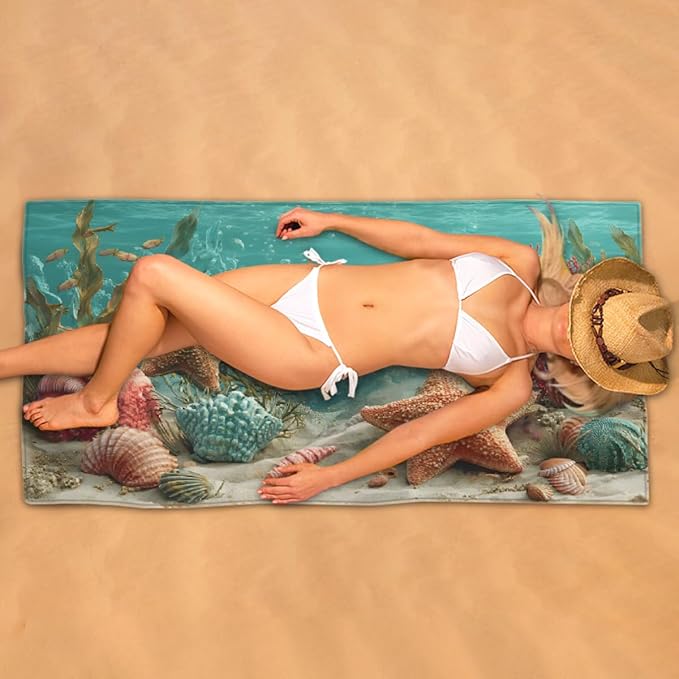 Seaweed Shells Starfish Beach Towel, Large Microfiber Quick Dry Lightweight Pool Bath Towels Sand Free Beach Blanket for Summer Cruise Yoga Camping Travel Vacation Essentials 31 x 61 in