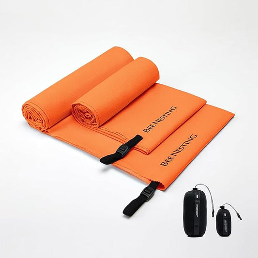 Bee Nesting Ultralight Quick Dry Towel - Medium&Small 2 Pack Microfiber Towels with Compact Packable Pocket for Lightweight Backpacking Travel, Beach, Gym, Camping & Hiking(Orange, M&S 2 Set)