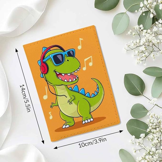 Dinosaur Passport Holder for Travel Musical Dinosaur with Headphones PU Leather Passport Cover Wallet Cute Passport Card Holder for Women and Men