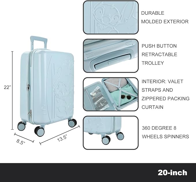 Disney Stitch With Surfboard Light Blue 22" Rolling Luggage