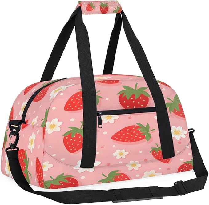 Duffle Bag for Women Men, Pink Strawberry Flower Print Gym Bag for Travel Sports, Lightweight Waterproof Weekender Overnight Bags with Adjustable Strap