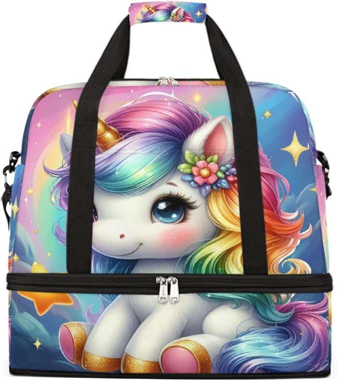 Rainbow Animal Unicorn Star Large Weekender Bag with Shoe Compartment Travel Duffel Bags for Women Carry On Hospital Overnight Bag Foldable Personal Item Travel Bags Tote Gym Sports Airplanes