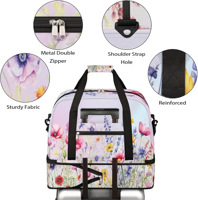Pastel Flowers Large Weekender Bag with Shoe Compartment Travel Duffel Bags for Women Carry On Hospital Overnight Bag Foldable Personal Item Travel Bags Tote Gym Sports Airplanes