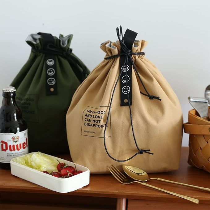 Canvas Drawstring Lunch Bag Insulated Lunch Tote Japanese Style Bento Tote Bag Reusable Lunch Bag Insulated Handbag Tote bag with Handle and Drawstring Closure for Women Work Picnic or Travel(BLACK)