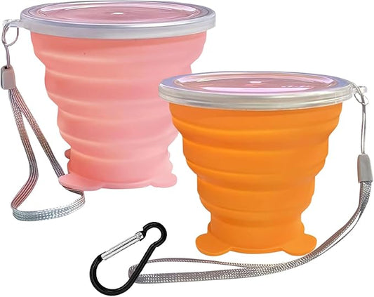 Collapsible Cups, Silicone Collapsible Travel Cup, Expandable Folding Camping Drinking Cup with Lids Reusable Small Portable Mugs Cup for Travel, Camping, Hiking, Outdoor Sports Pink Orange