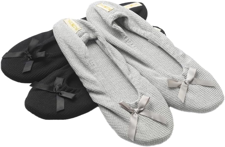Roxoni Women's Terry Classic Cotton & Velour Ballerina Slippers (Pack of 2)