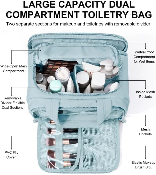 Travel Toiletry Bag for Women, Lightweight Large Quilted Puffy Makeup Bag Wide-open Make up Organizer Cloud Cosmetic Bag w/Handle for Traveling Toiletries Essentials Accessories Light Blue