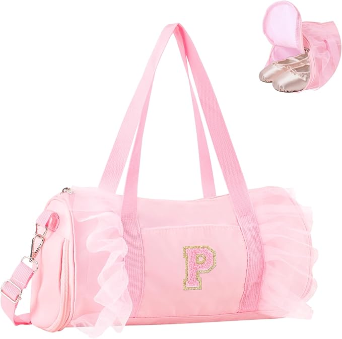 Personalized Initial Dance Bag for Girls 4-6, Small Lace Gym Sport Yoga Cheer Dance Bags Gift for Teen Girls, Cute Letter Kids Ballet Bag Toddler Travel Duffel Tote with Adjustable Straps(Pink-P)